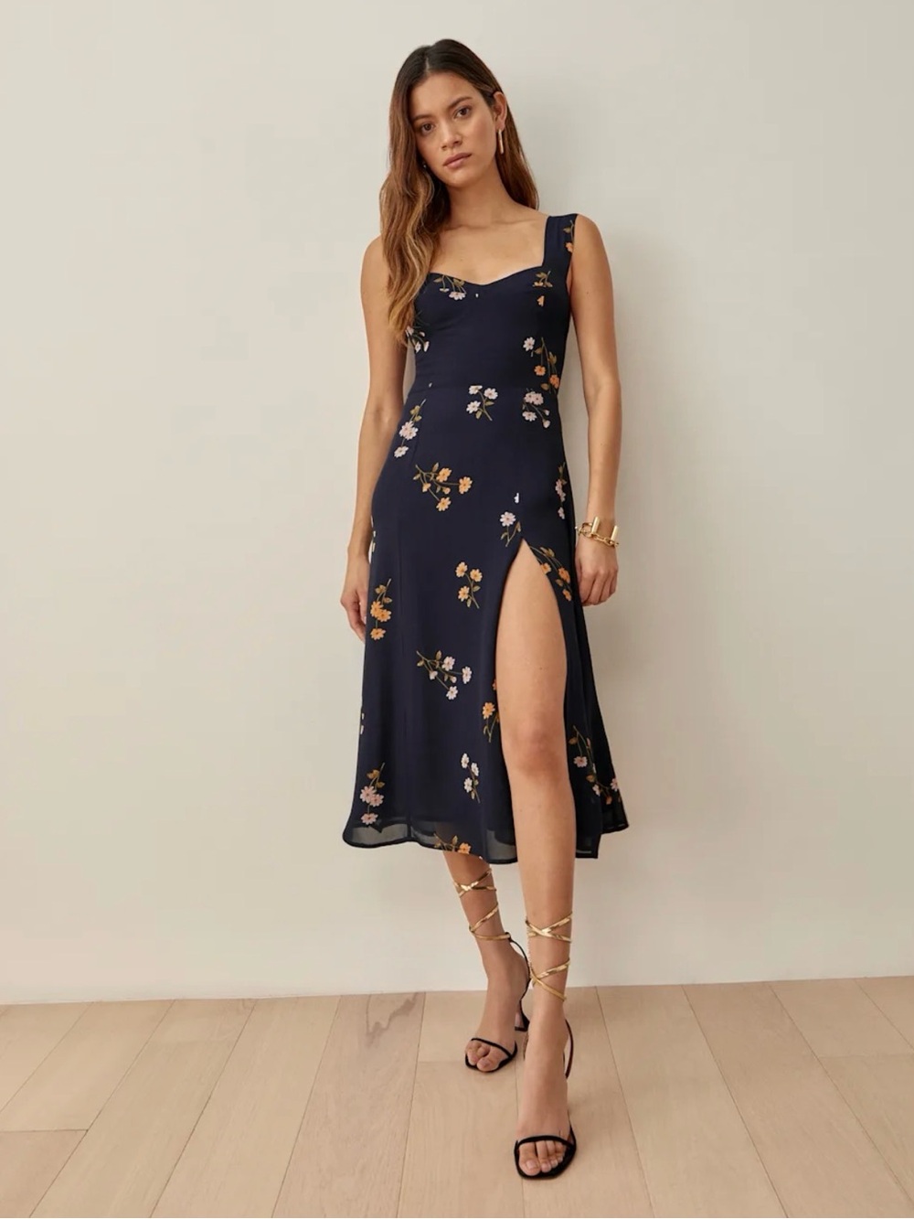 Reformation Fulton Midi Dress - Navy Floral with High Side Slit